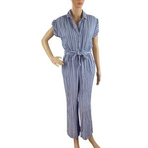 Blue Rain Striped Button Front Belted Jumpsuit XS Rayon